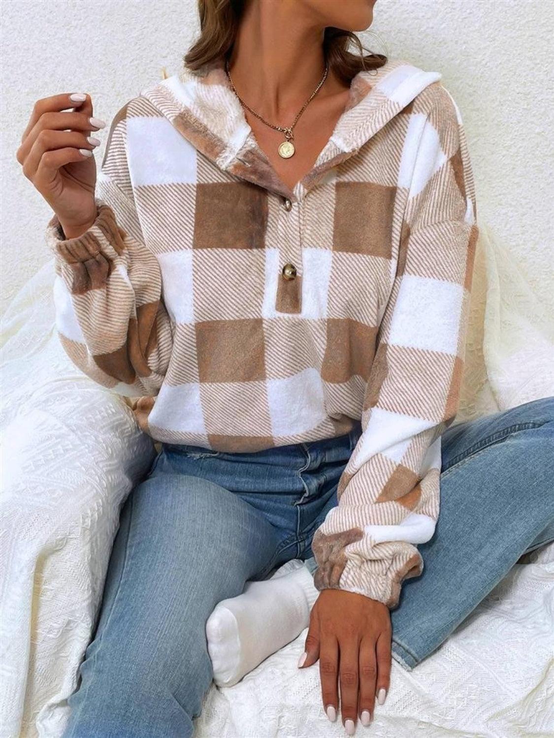 Plaid Half Button Long Sleeve Hoodie - Santiago Suarez