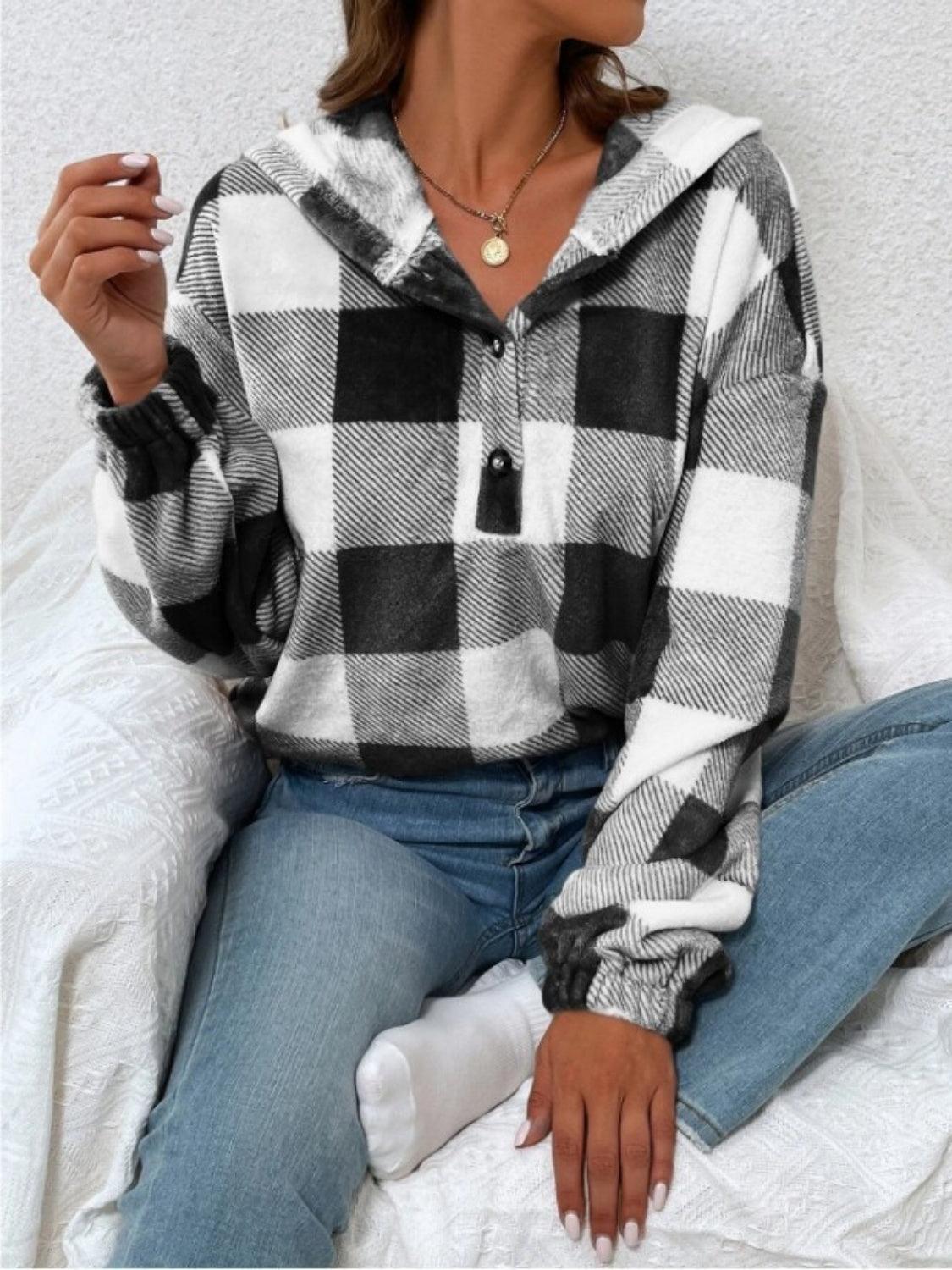 Plaid Half Button Long Sleeve Hoodie - Santiago Suarez