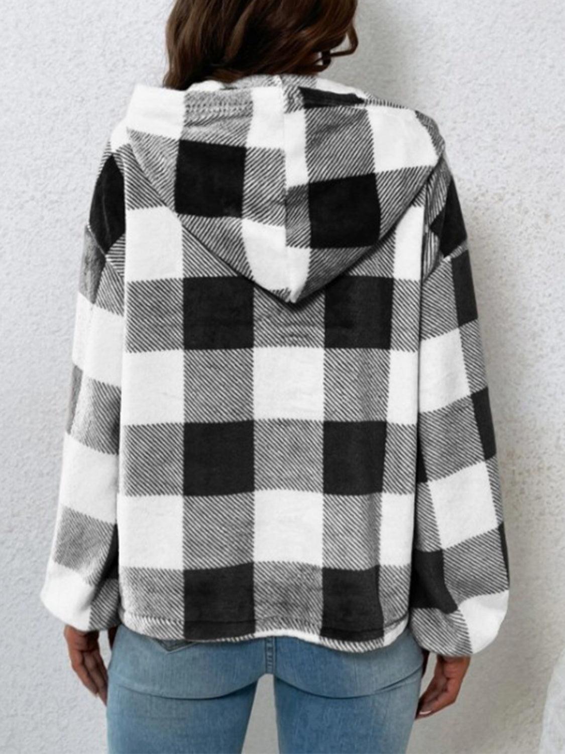 Plaid Half Button Long Sleeve Hoodie - Santiago Suarez