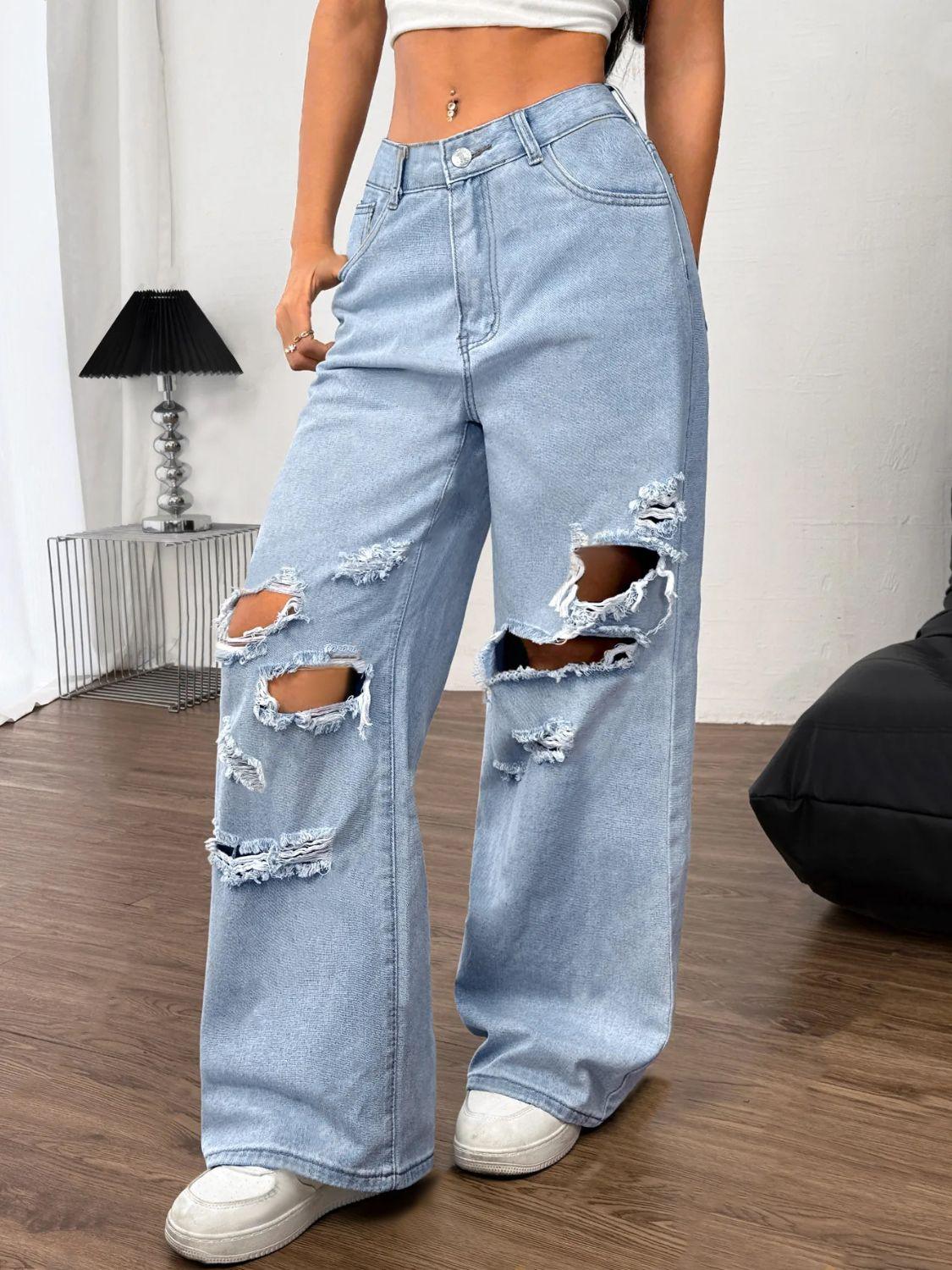 Distressed Wide Leg Jeans with Pockets - Santiago Suarez
