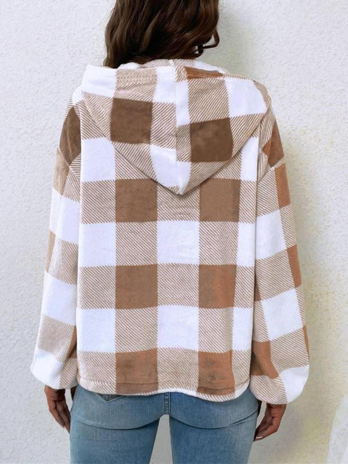Plaid Half Button Long Sleeve Hoodie - Santiago Suarez