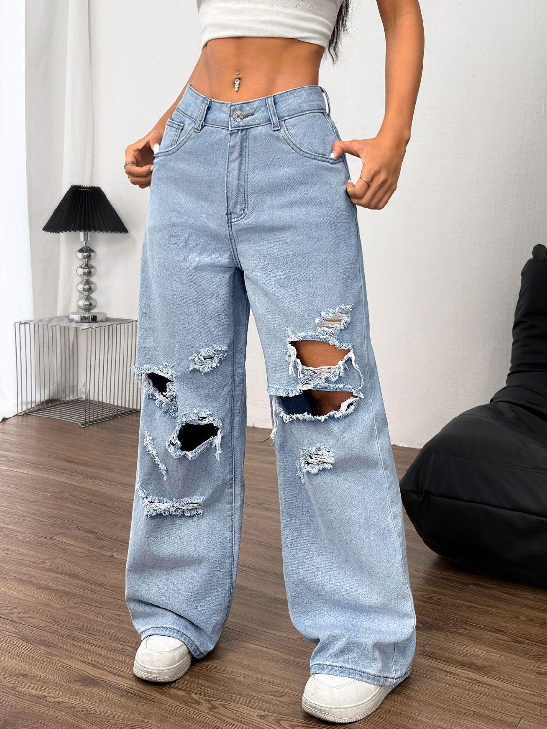 Distressed Wide Leg Jeans with Pockets - Santiago Suarez