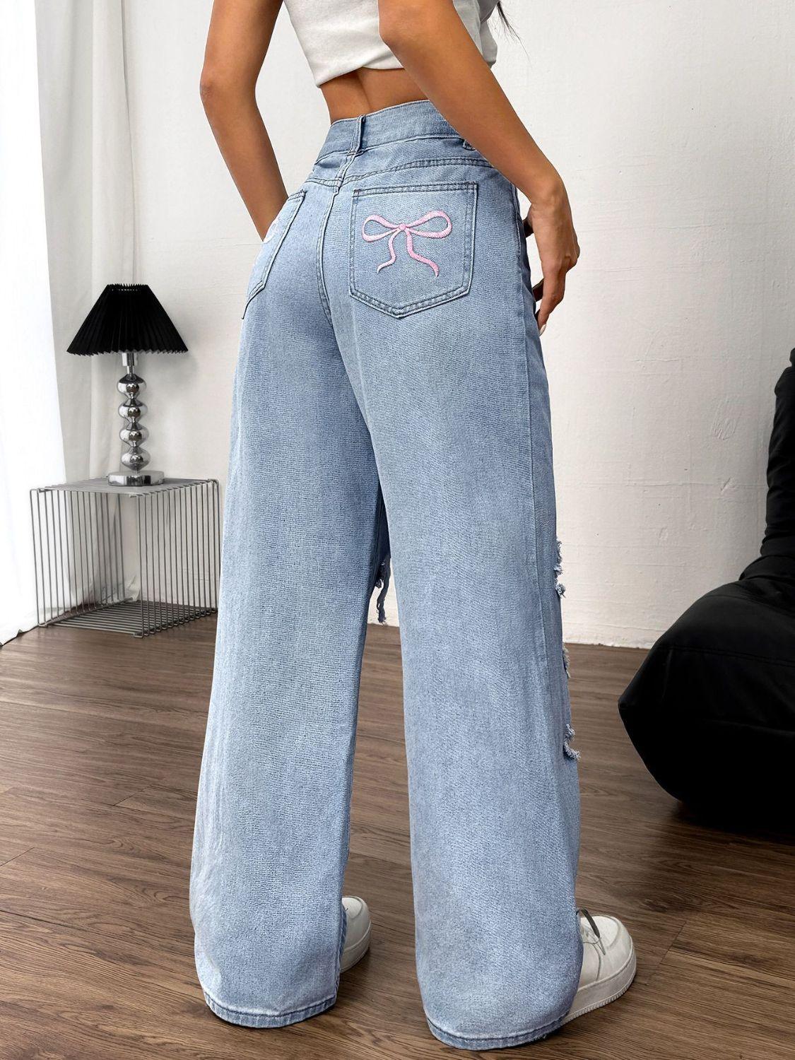 Distressed Wide Leg Jeans with Pockets - Santiago Suarez