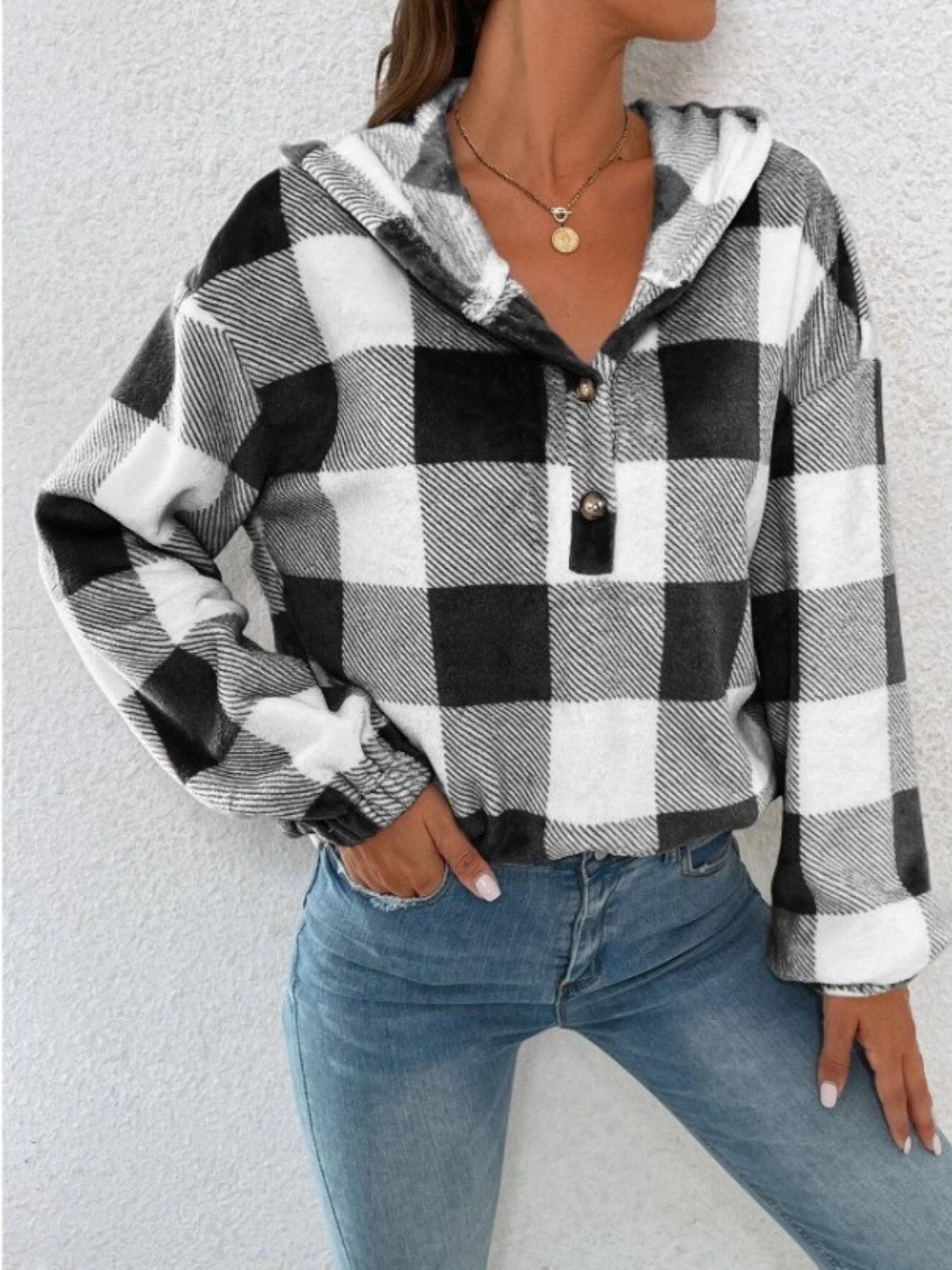 Plaid Half Button Long Sleeve Hoodie - Santiago Suarez