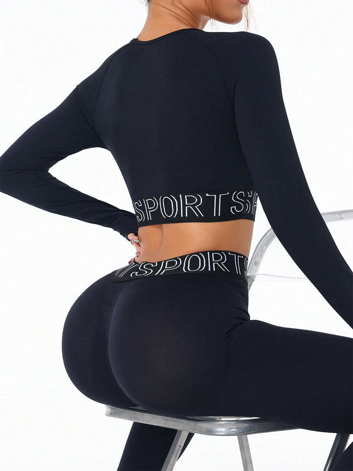 Letter Print Round Neck Long Sleeve Top and Leggings Active Set - Santiago Suarez