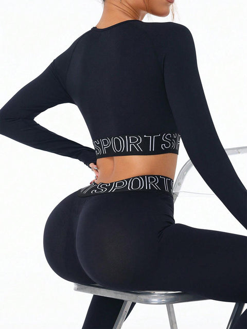 Letter Print Round Neck Long Sleeve Top and Leggings Active Set - Santiago Suarez