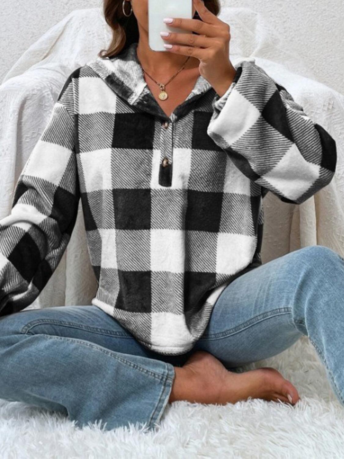Plaid Half Button Long Sleeve Hoodie - Santiago Suarez