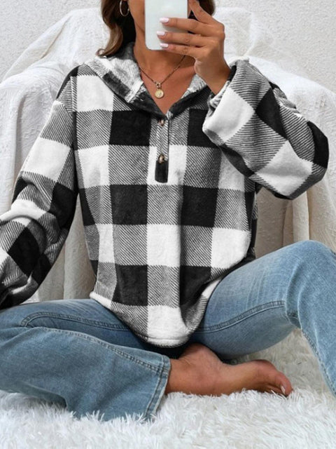 Plaid Half Button Long Sleeve Hoodie - Santiago Suarez