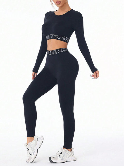 Letter Print Round Neck Long Sleeve Top and Leggings Active Set - Santiago Suarez