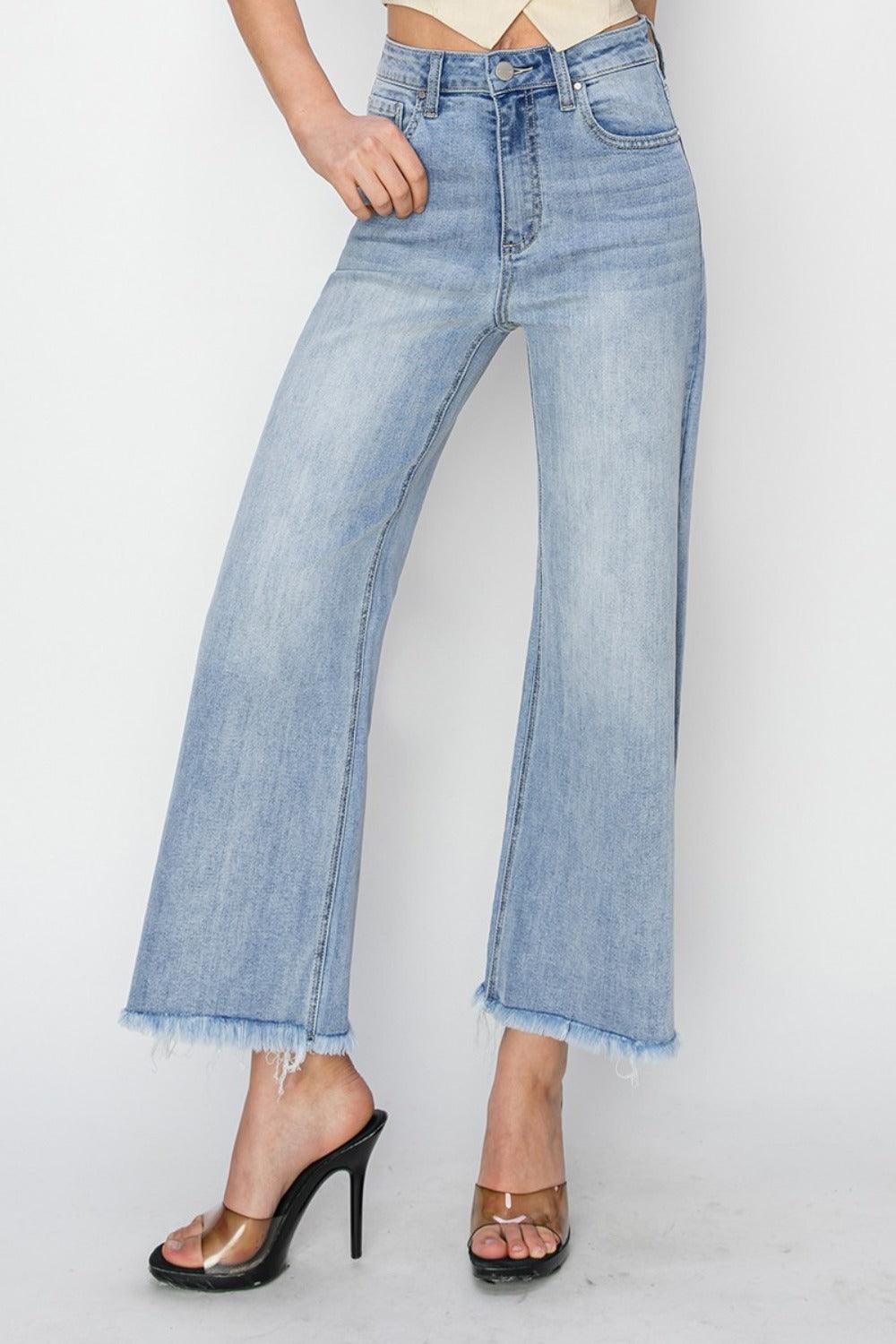 RISEN High Rise Crop Wide Fray Hem Jeans - Santiago Suarez
