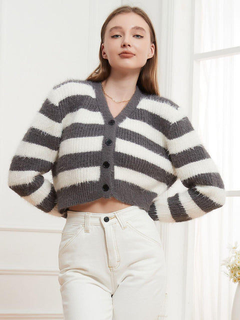 Button Down V-Neck Striped Cardigan - Santiago Suarez