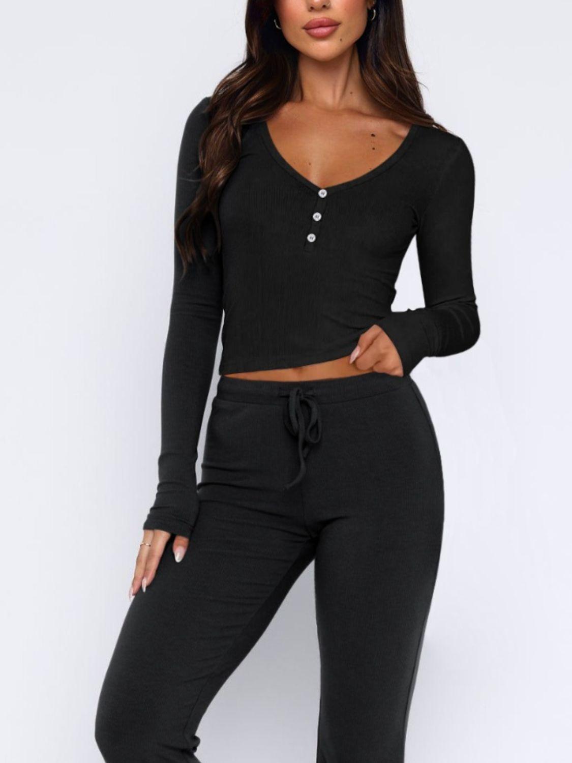 V-Neck Long Sleeve Top and Pants Set - Santiago Suarez