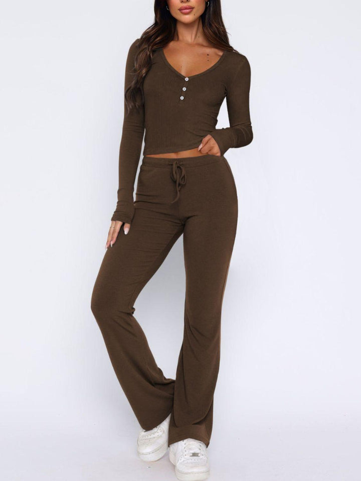 V-Neck Long Sleeve Top and Pants Set - Santiago Suarez