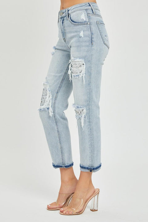 RISEN Mid-Rise Sequin Patched Jeans - Santiago Suarez