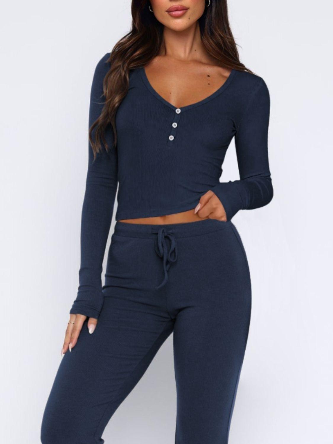 V-Neck Long Sleeve Top and Pants Set - Santiago Suarez