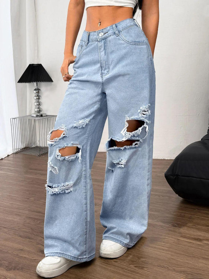 Distressed Wide Leg Jeans with Pockets - Santiago Suarez