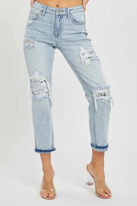 RISEN Mid-Rise Sequin Patched Jeans - Santiago Suarez