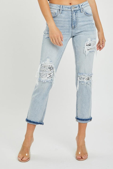 RISEN Mid-Rise Sequin Patched Jeans - Santiago Suarez