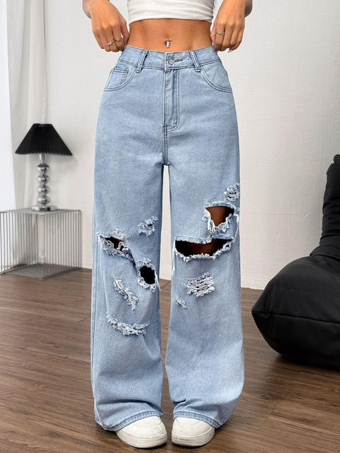 Distressed Wide Leg Jeans with Pockets - Santiago Suarez