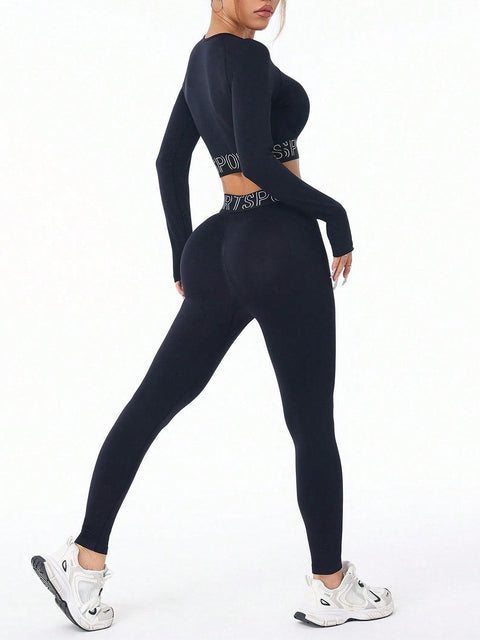 Letter Print Round Neck Long Sleeve Top and Leggings Active Set - Santiago Suarez