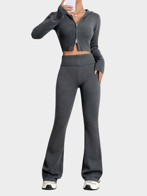 Zip Up Hooded Top and Flare Pants Sweater Set - Santiago Suarez