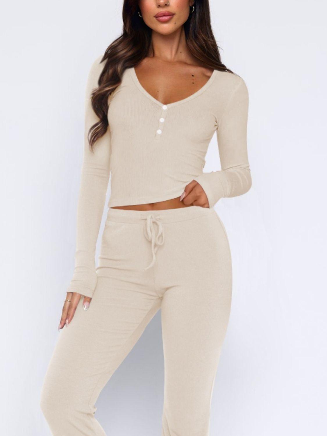 V-Neck Long Sleeve Top and Pants Set - Santiago Suarez