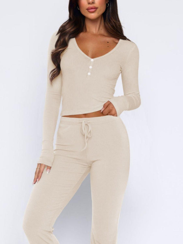 V-Neck Long Sleeve Top and Pants Set - Santiago Suarez