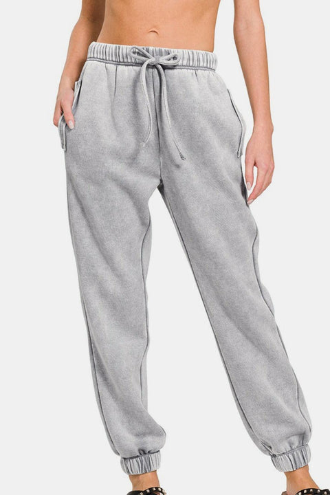 Zenana Full Size Acid Wash Fleece Drawstring Sweatpants with Pockets - Santiago Suarez