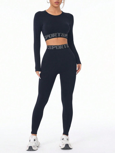 Letter Print Round Neck Long Sleeve Top and Leggings Active Set - Santiago Suarez