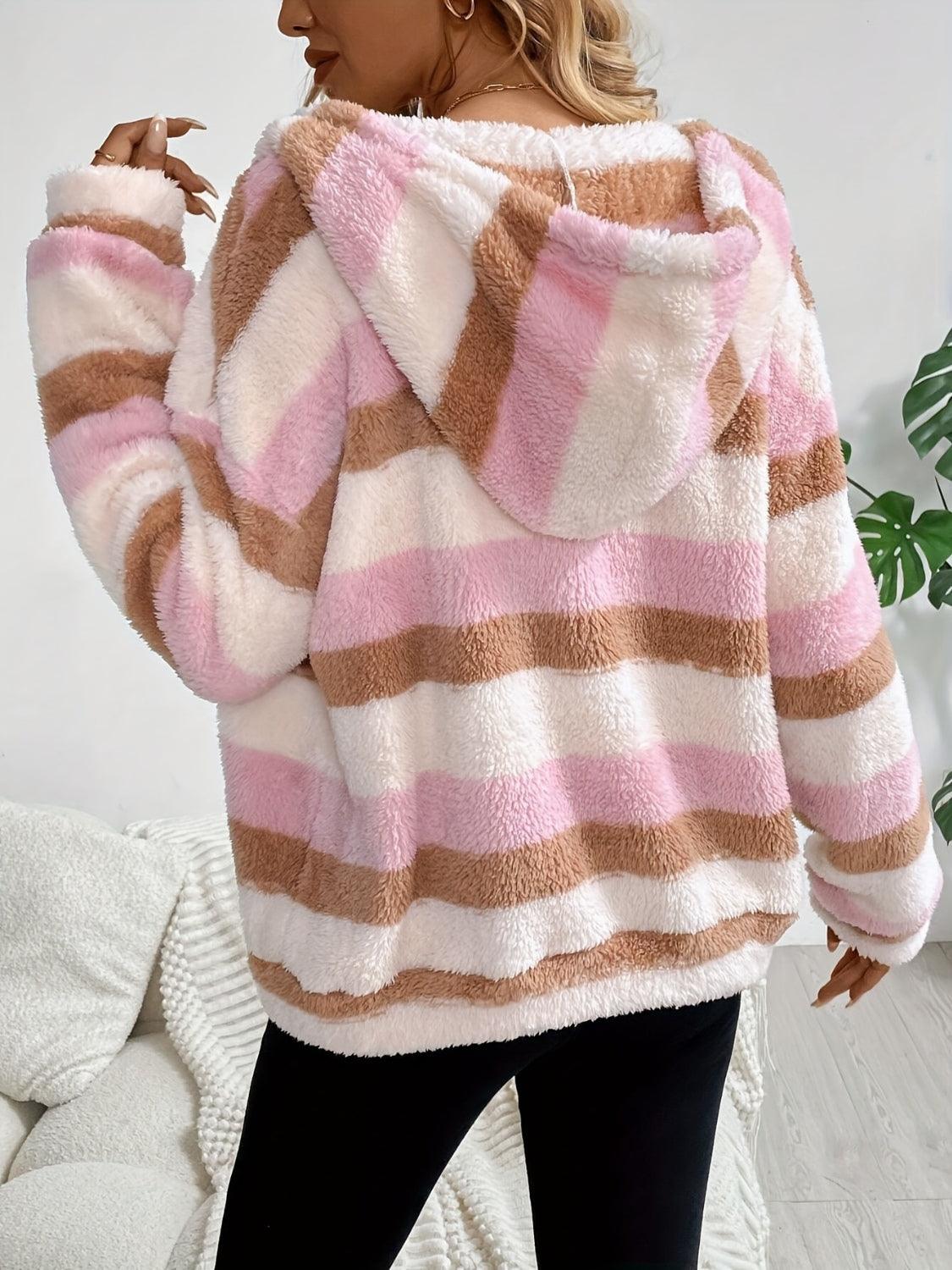 Drawstring Striped Zip Up Hooded Jacket - Santiago Suarez