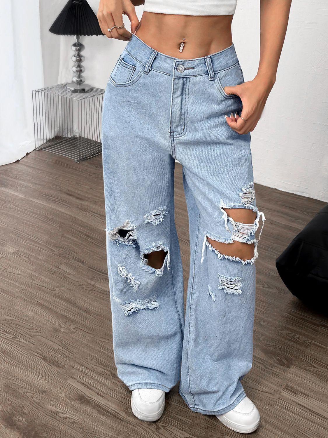 Distressed Wide Leg Jeans with Pockets - Santiago Suarez